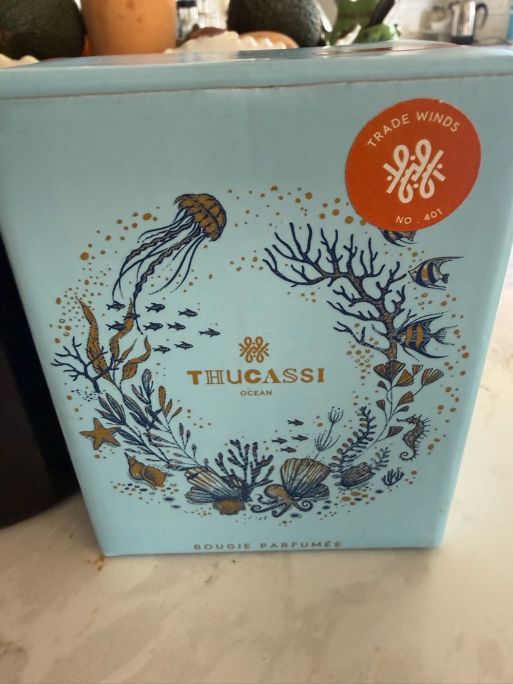 Thucassi Candle. Rare. Ocean Scented Candle - Light Blue & Gold